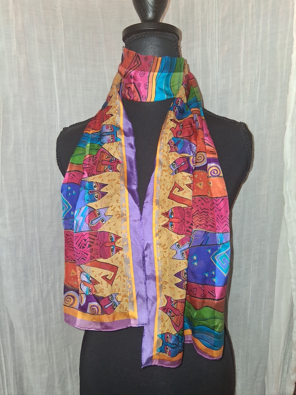 Laurel Burch Multicolor Cat Motif Silk Scarf
